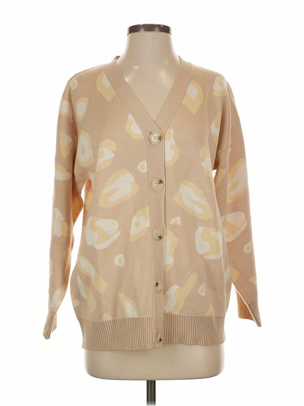 Simplee Apparel Beige & Cream Patterned Button-Front Cardigan